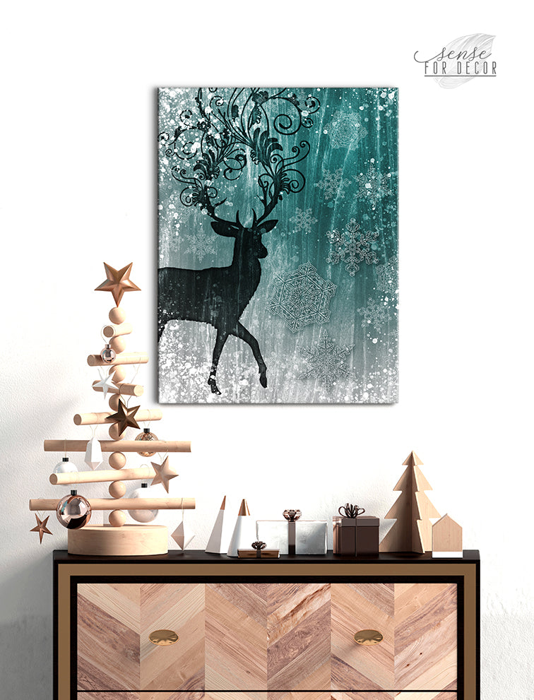 Ready-to-Hang Winter Deer Wall Art with Wood Frame for the Holidays