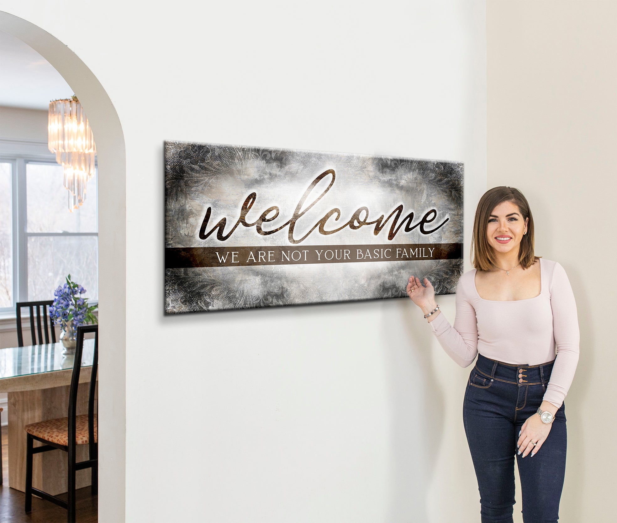 Exclusive Family Wall Art: 'Welcome, We're Not Basic' - Wood Frame, Ready to Hang