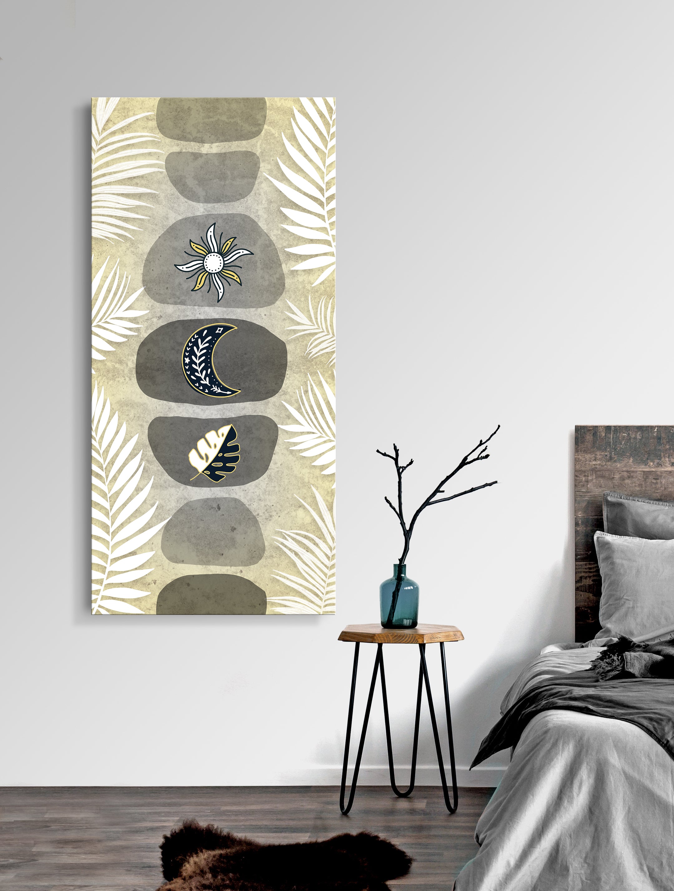 Ready-To-Hang Boho Sun Moon Leaf Wall Art with Wood Frame