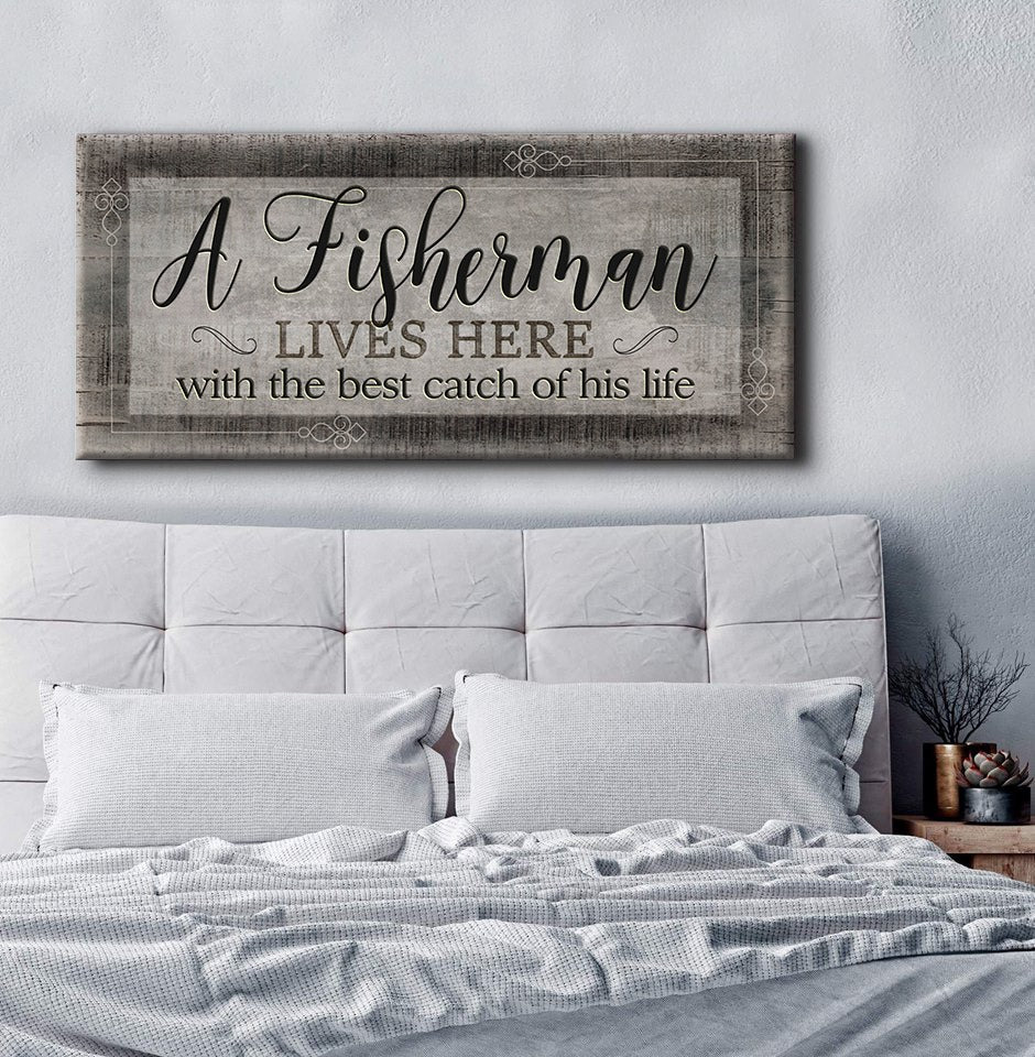 Exclusive Fisherman Wall Art - Fisherman Lives Here V3 with Wood Frame, Ready to Hang! Buy 2, Save 20%