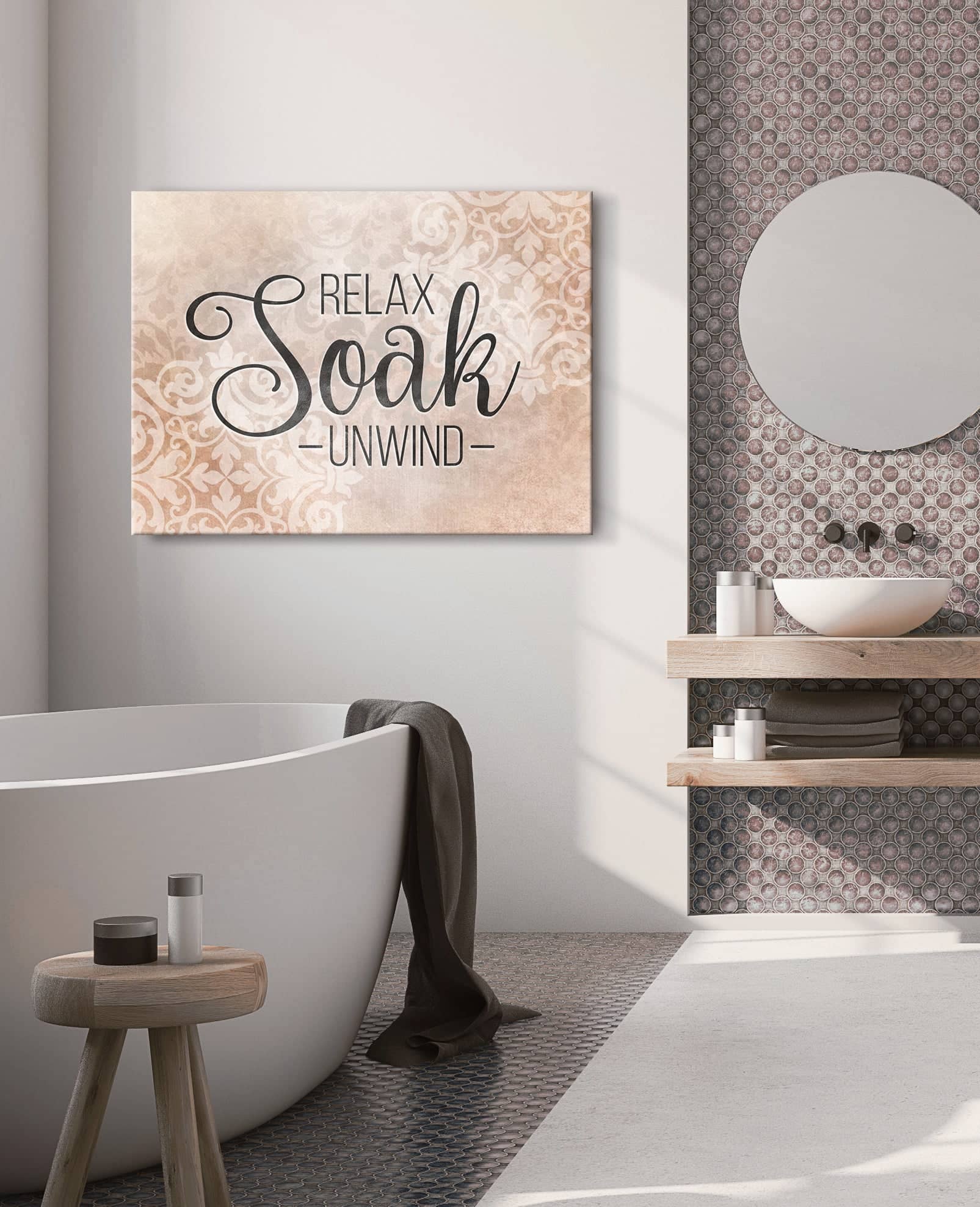 High - Quality Wood - Framed Bathroom Wall Art: Relax, Soak, Unwind V2 (Ready To Hang)