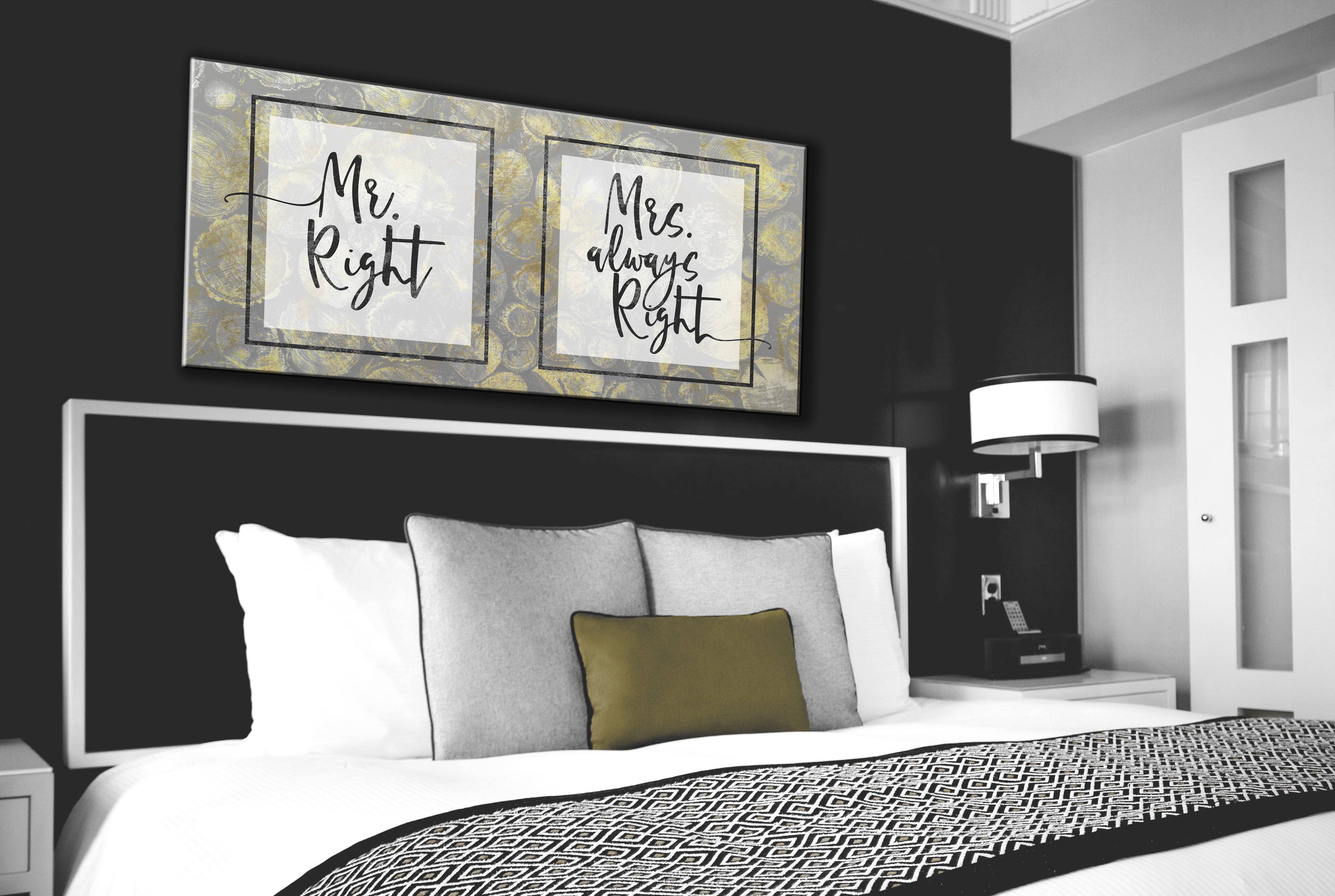 Bedroom Wall Decor: 'Mrs Right & Mrs Always Right' Wall Art in 2 Sizes, Wood Frame for Easy Hanging