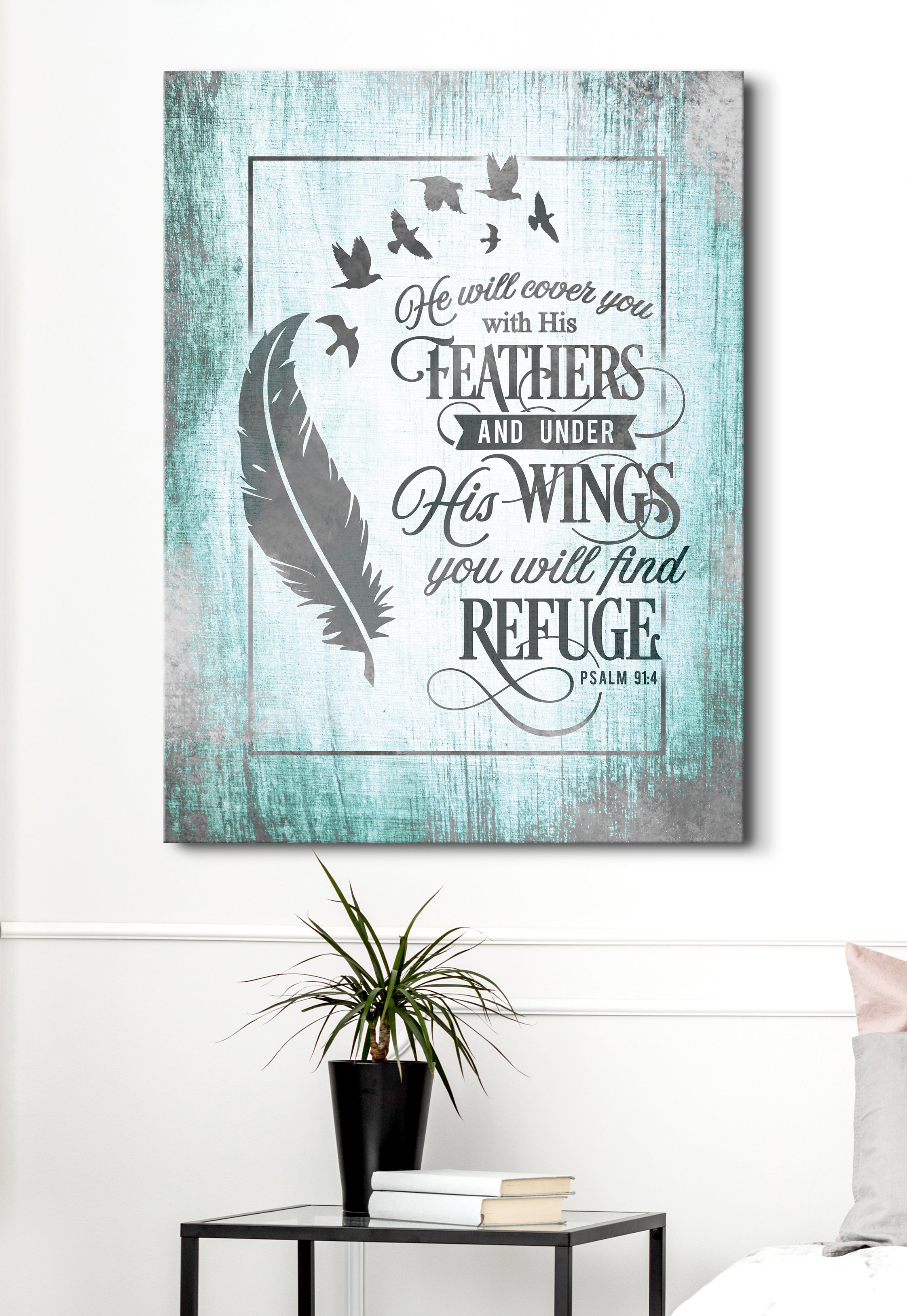 Hot Sale! Christian Wall Art - 'He Will Cover You With His Feathers' in Wood Frame, Ready to Hang