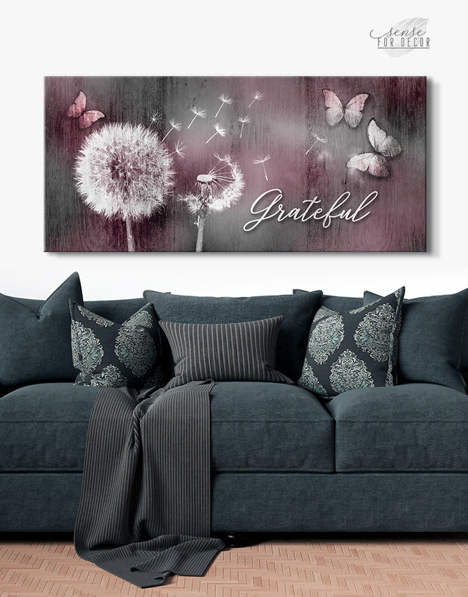 High - quality Wood - framed Christian Wall Art: Grateful Dandelions and Butterflies (Ready to Hang)