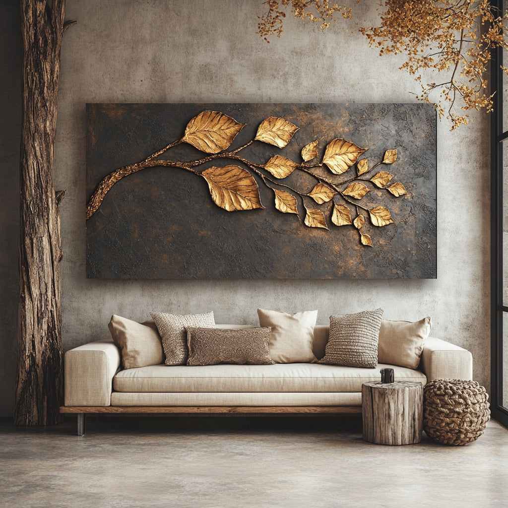 Gorgeous Golden Botanical Wall Art - Ethereal Leaf Harmony V4 for Sophisticated Interiors