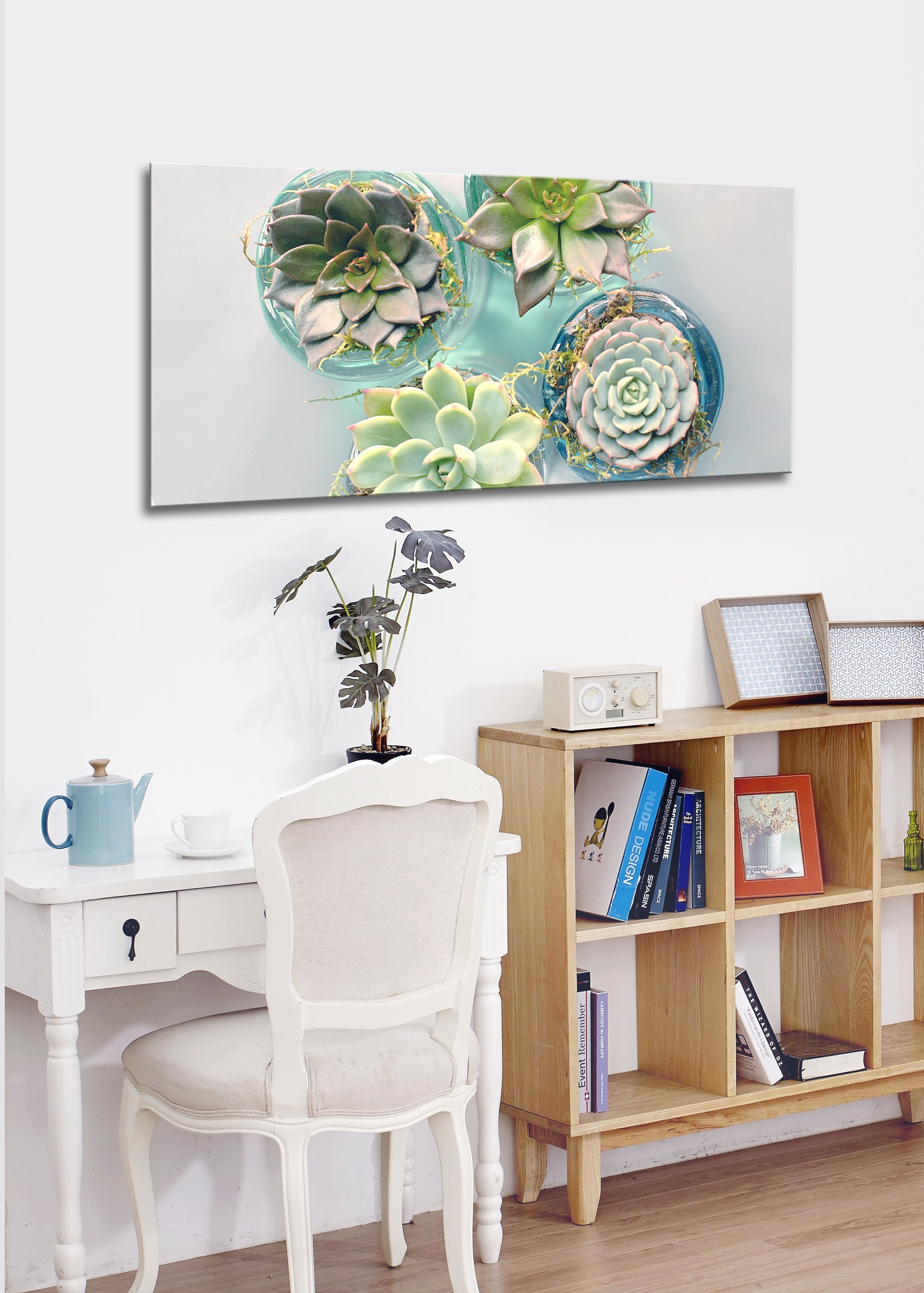 Hot Deal! 4-Pot Succulents Wood-Frame Plant Wall Art for Bookshelf, Ready to Hang
