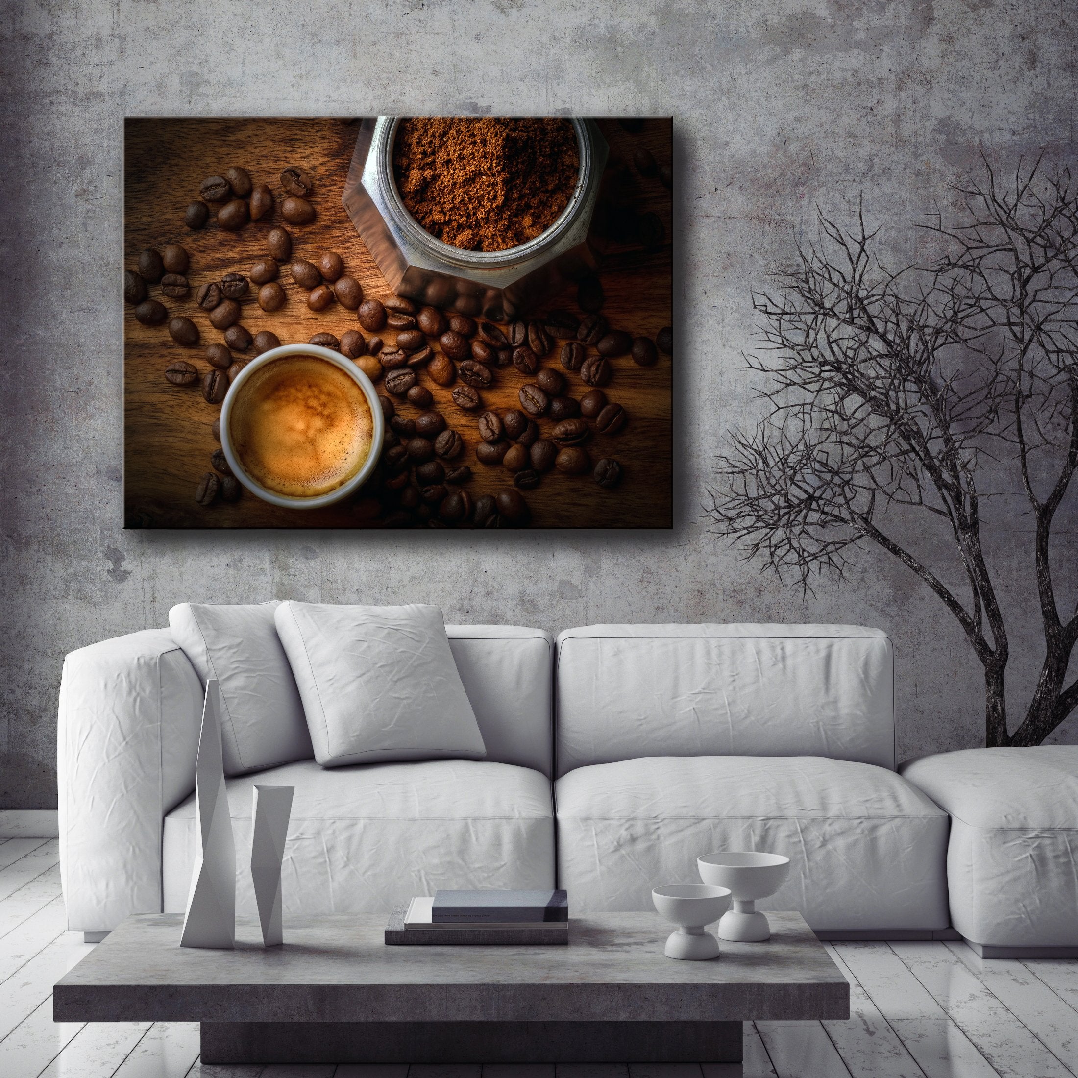 Ready-to-Hang White Mug and Coffee Beans Wood-Frame Coffee Wall Art