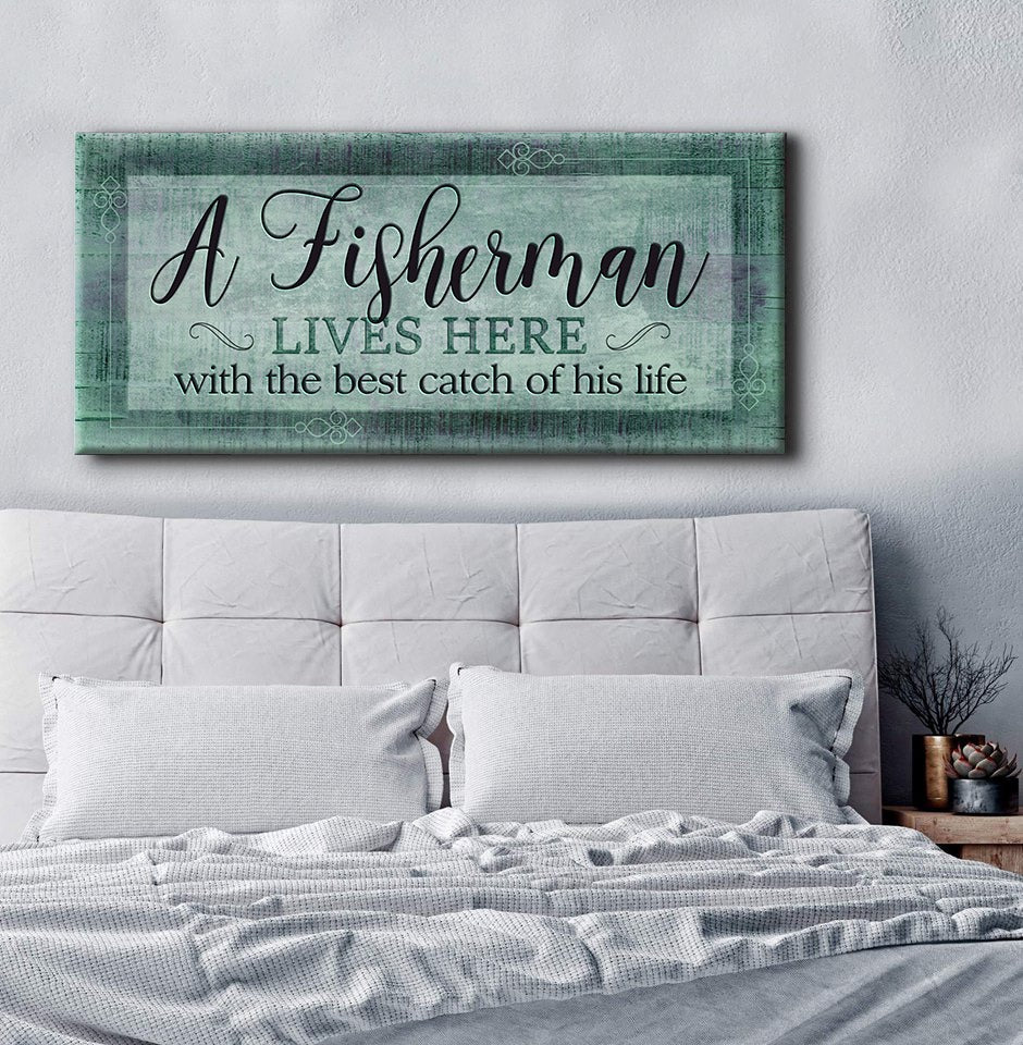 Exclusive Fisherman Wall Art - Fisherman Lives Here V3 with Wood Frame, Ready to Hang! Buy 2, Save 20%