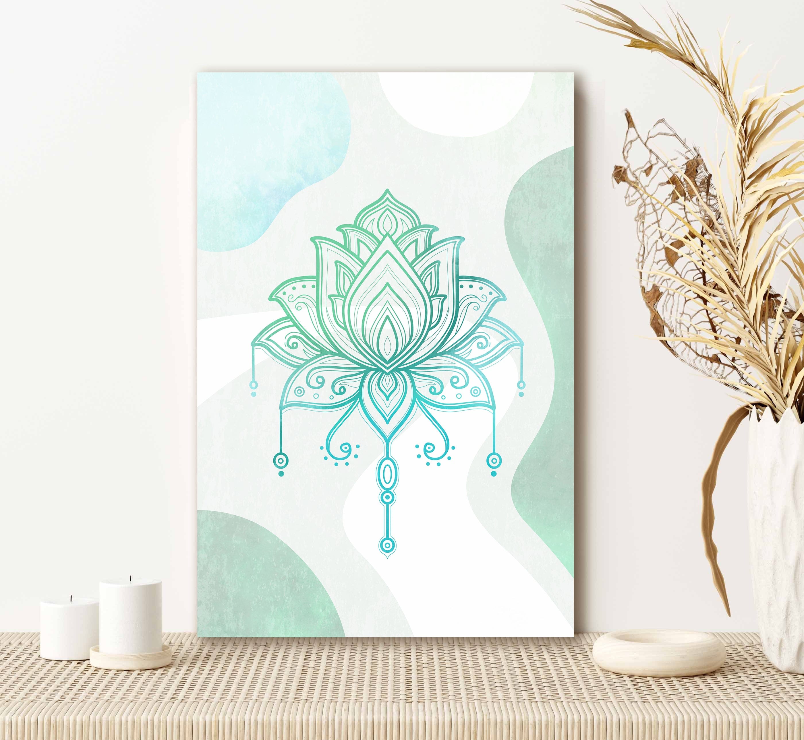 Ready-to-Hang Boho Lotus Wall Art with Wood Frame