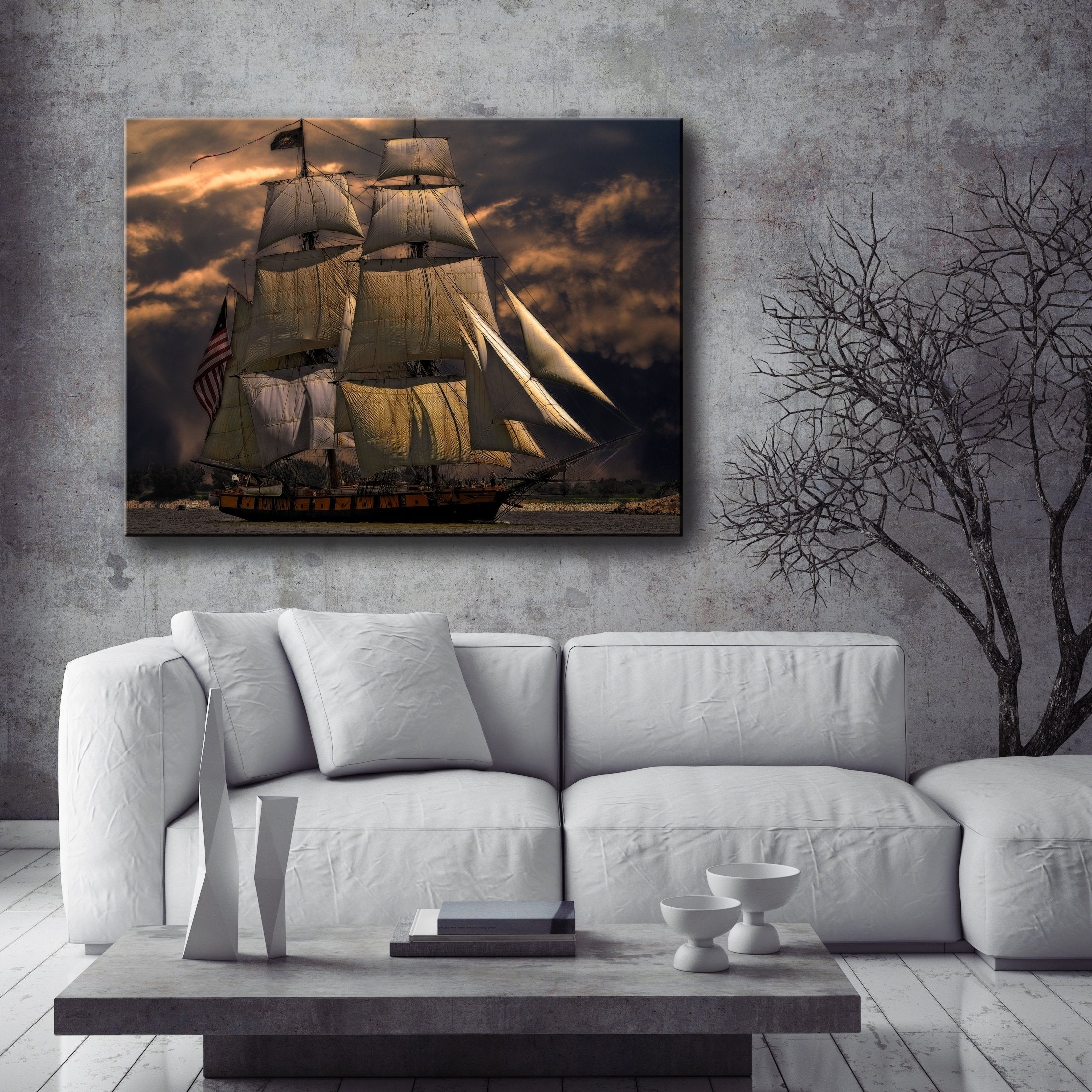 Exclusive Nautical Wall Decor: Dark Cloud Sailboat Wood Frame Art, Ready To Hang, Buy 2 Save 20%