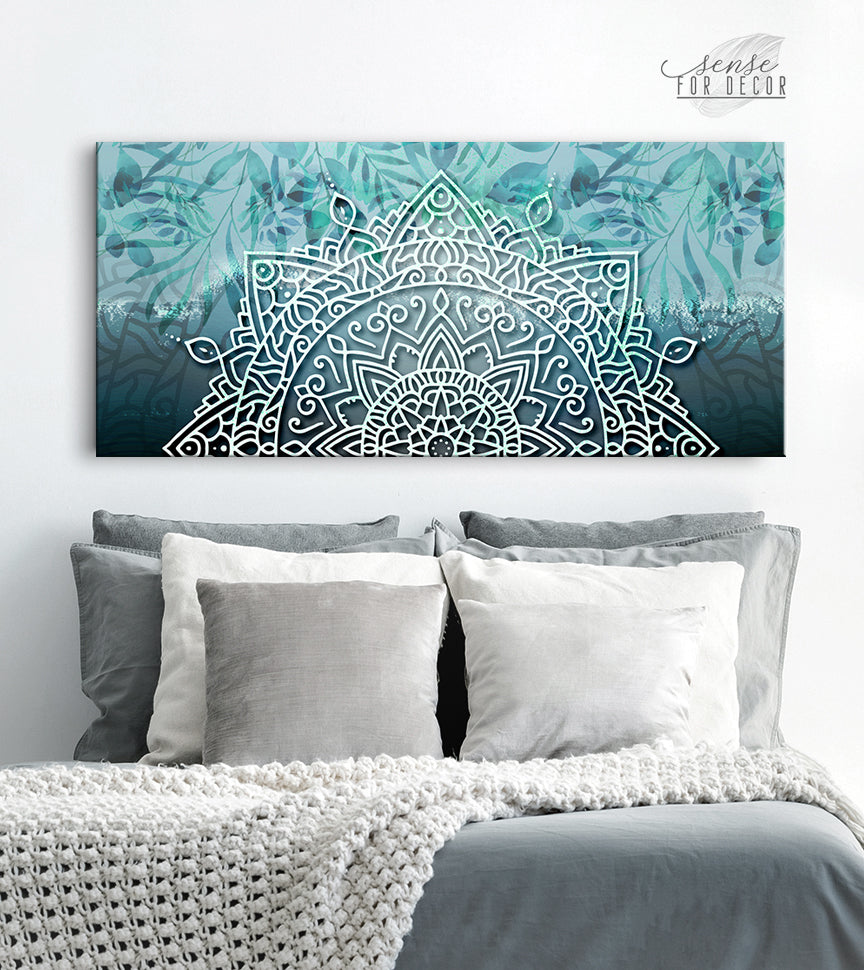 Ready-to-Hang Boho Mandala Wall Art with Leaves in Wood Frame