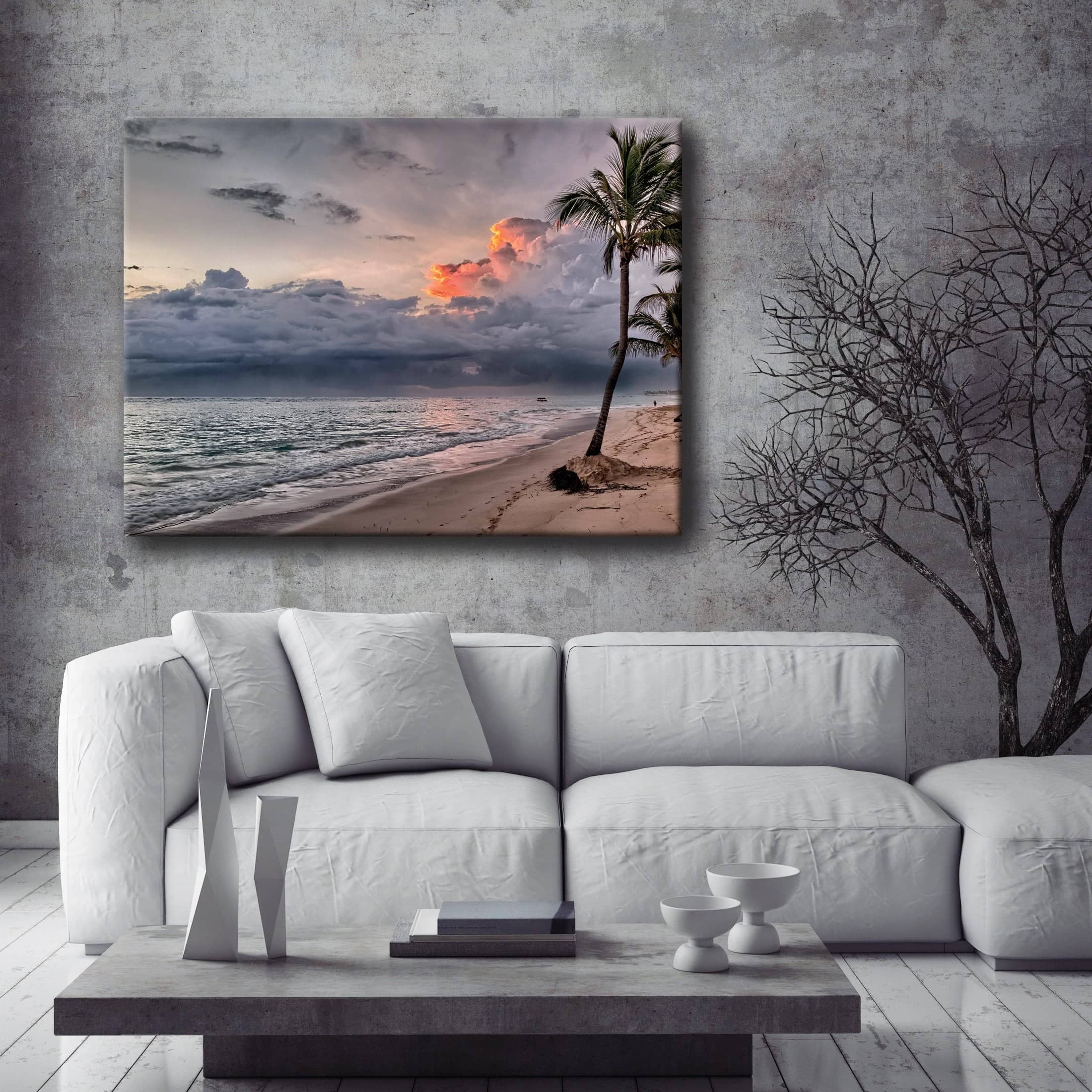 Exclusive Offer! Grey Palm Beach Beach Wall Art with Wood Frame, Ready to Hang