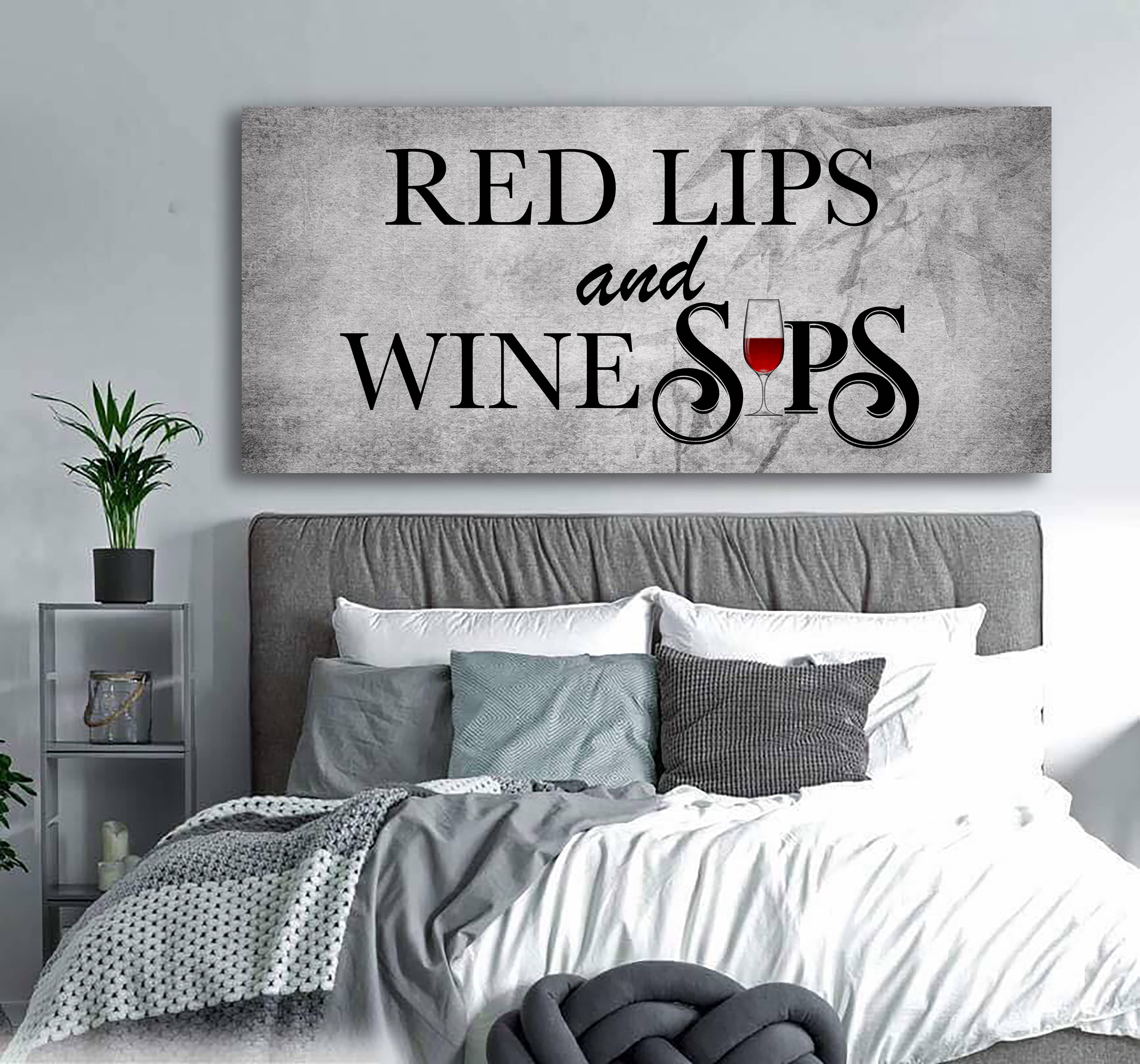 Ready-to-Hang Red Lips Wine Sips Bedroom Wall Art with Wood Frame