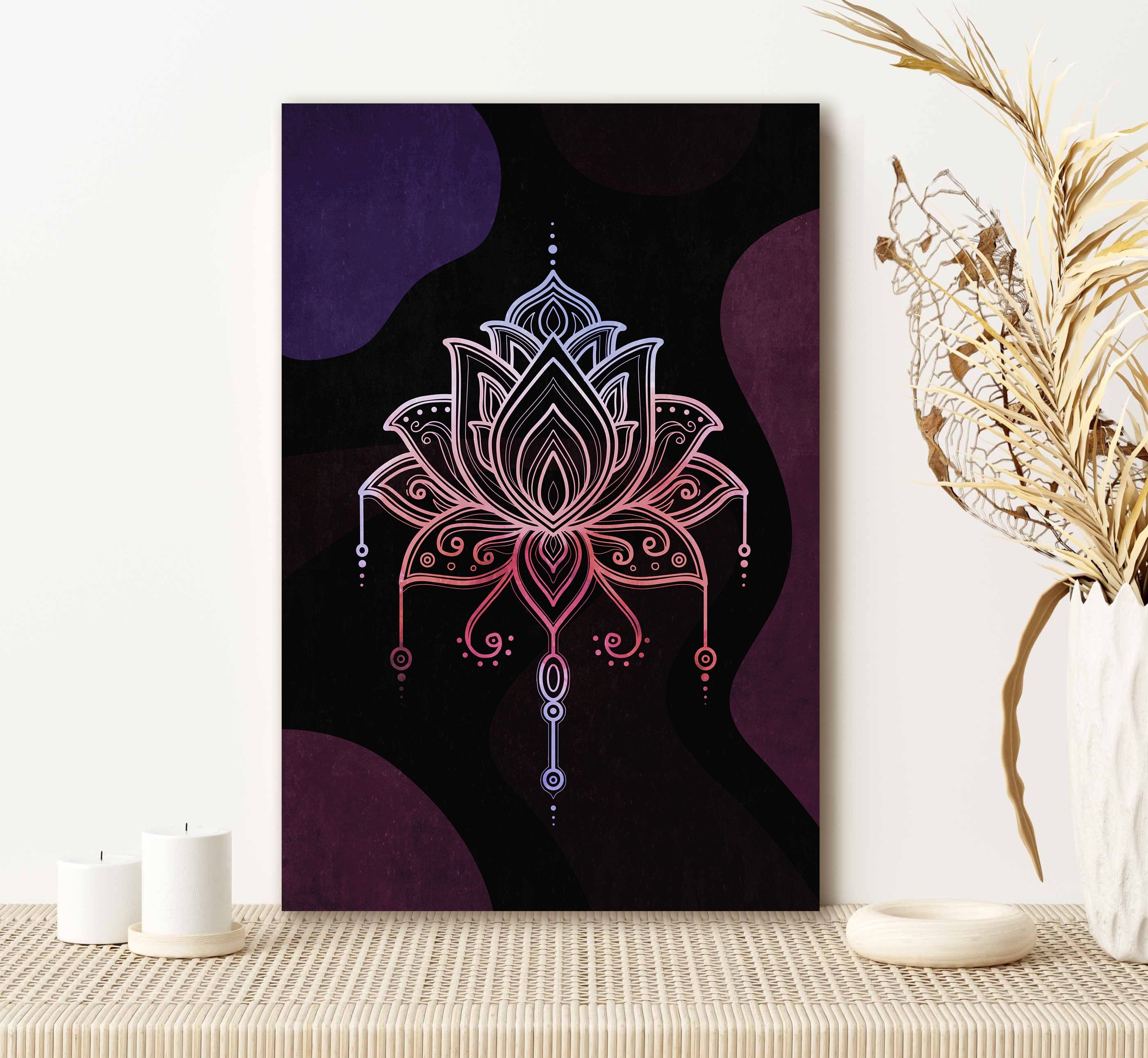 Ready-to-Hang Boho Lotus Wall Art with Wood Frame