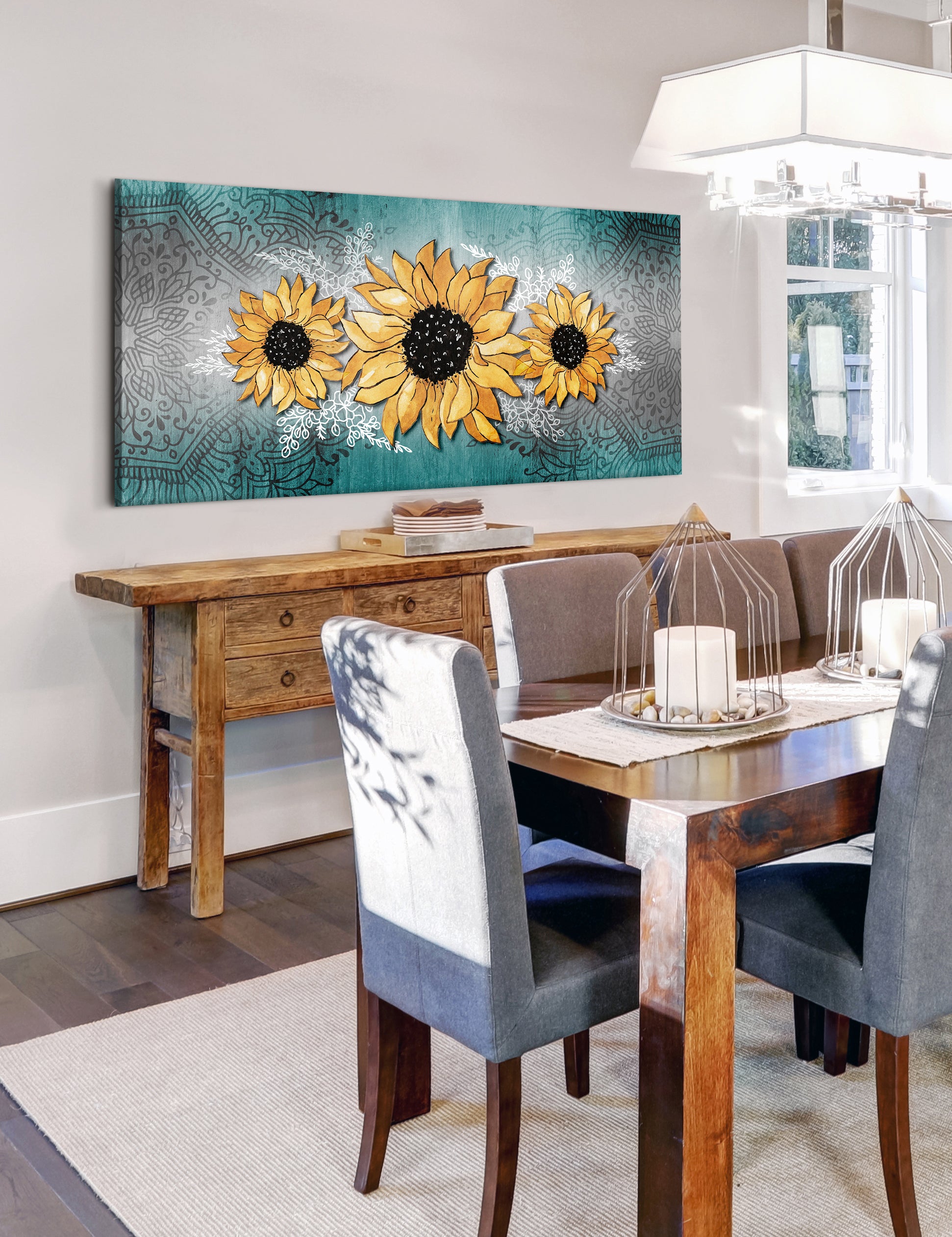 High - quality Boho Sunflower Trio Wall Art with Wood Frame, Ready to Hang
