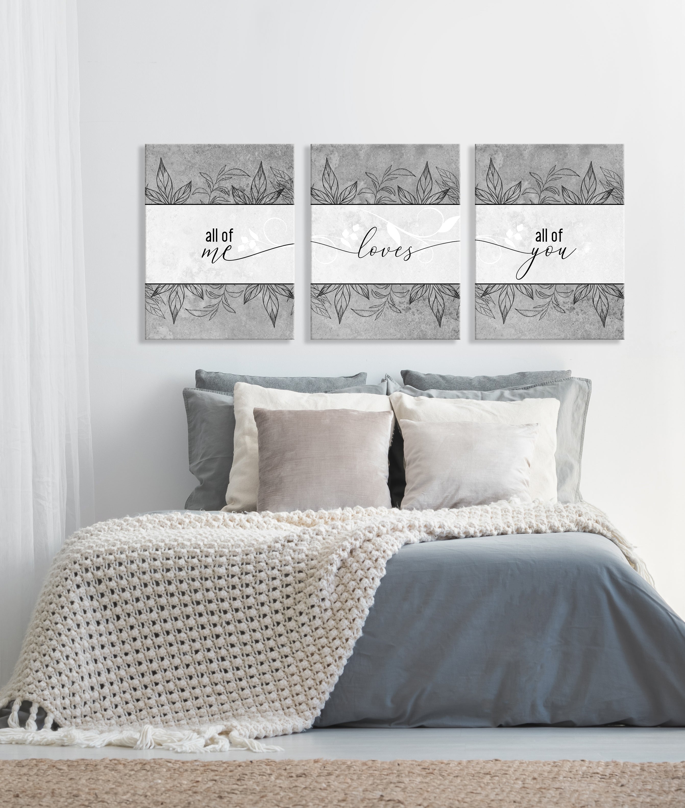 High - Quality Set of 3 Couples Wall Art: 'All of me loves all of you' (Wood Frame, Ready To Hang)