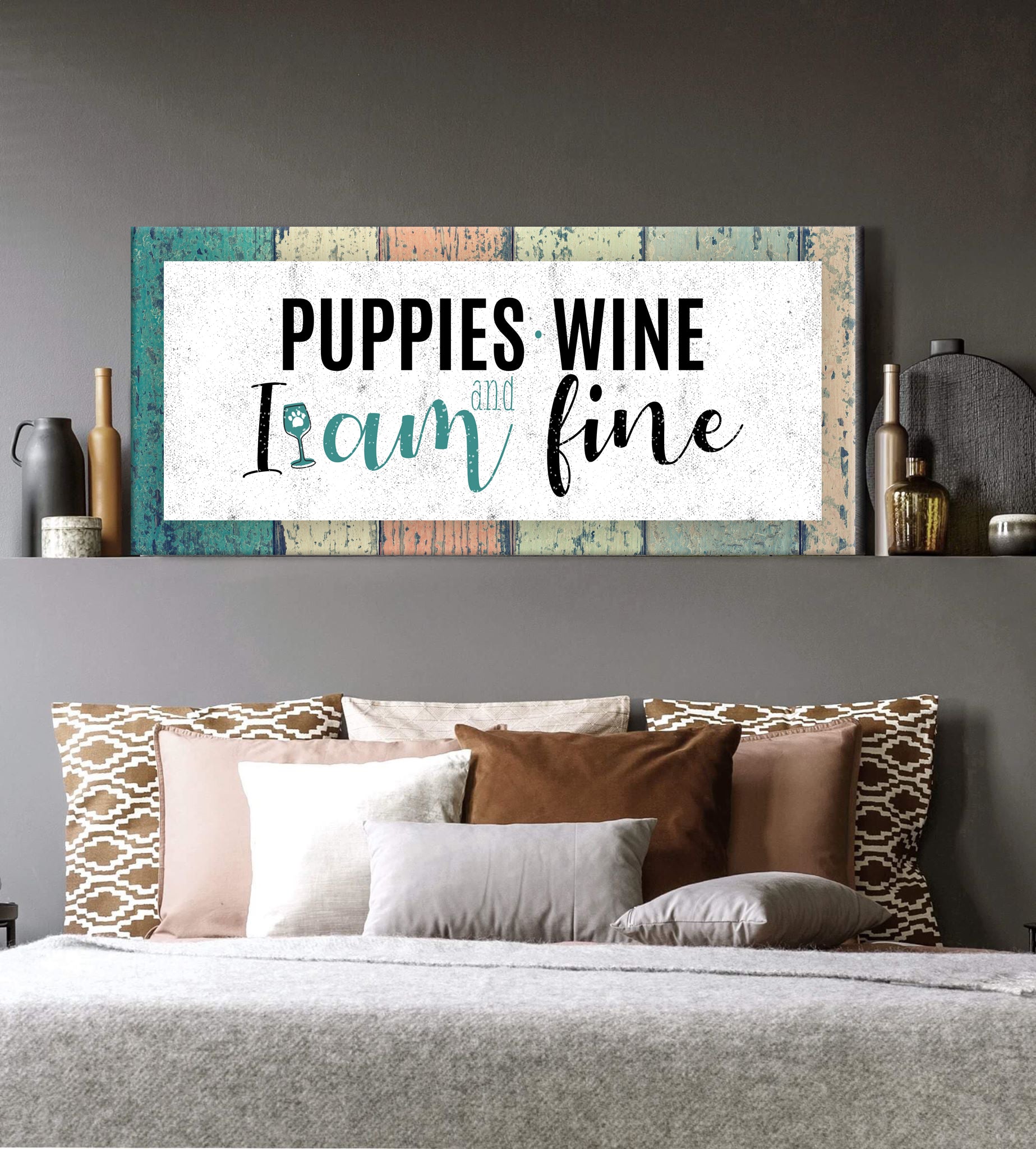 Ready-to-Hang Puppies Wine & 'I am Fine' Pet Wall Art with Wood Frame