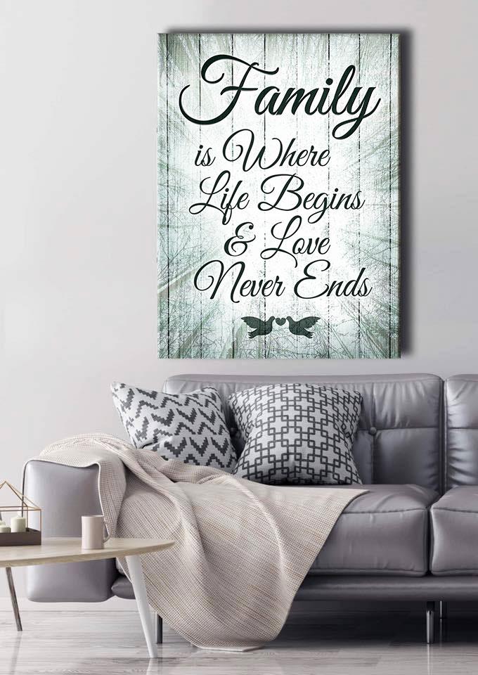 High - Quality Wood - Framed Family Wall Art: Life Begins at Family V10 (Ready to Hang)