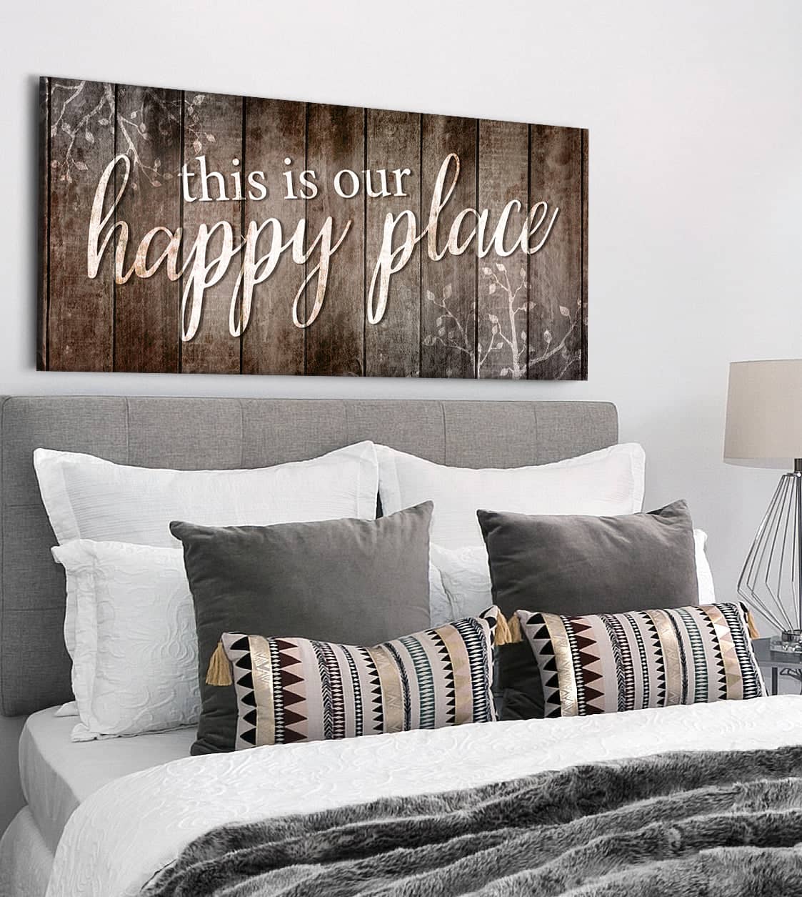 Exclusive Bedroom Wall Art: 'This Is Our Happy Place' V7 with Wood Frame, Ready to Hang - Buy 2 Save 20%