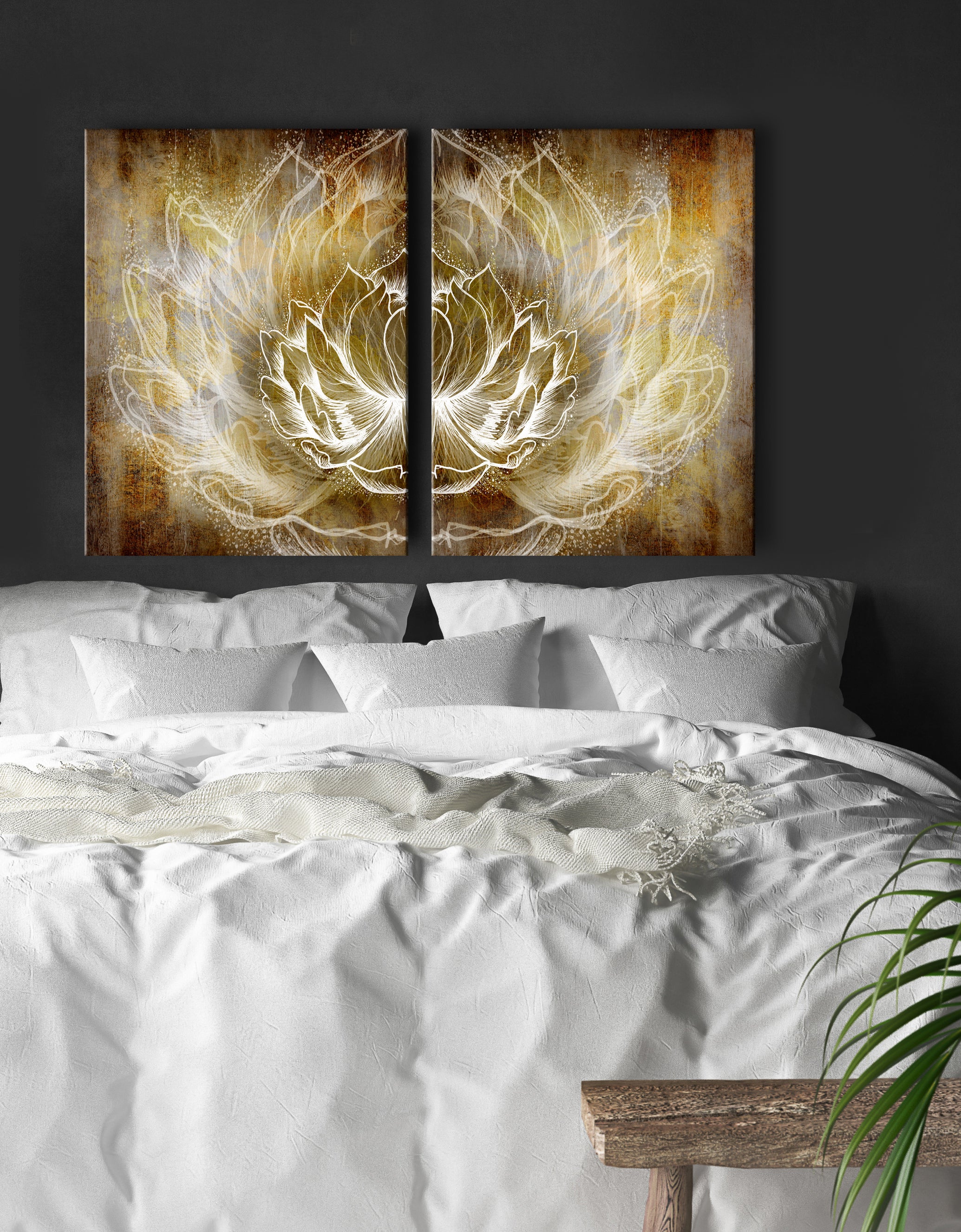 High - Quality Boho Lotus Wall Art Set of 2 with Wood Frames, Ready to Hang