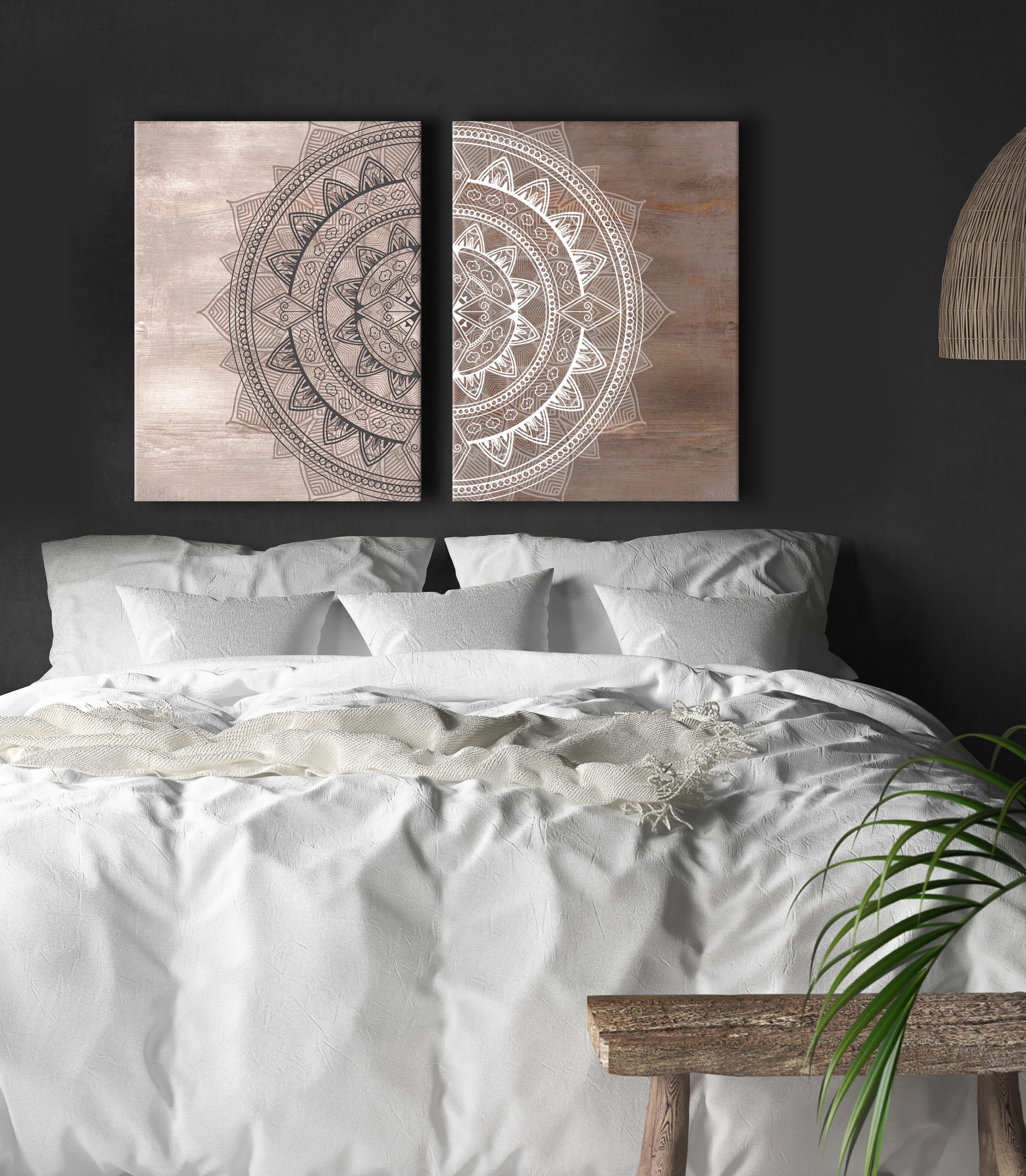 Ready-to-Hang Boho Mandala Wall Art Half Set 2 with Wood Frame