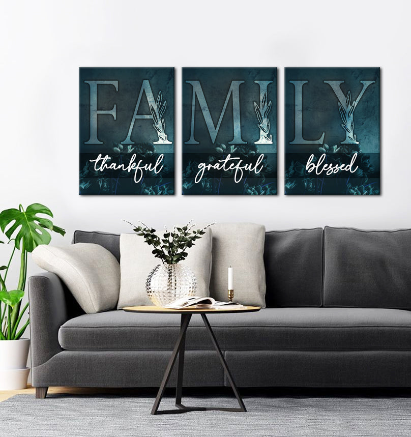 Ready-to-Hang Family Wall Art Set of 3: Thankful, Grateful, Blessed (Wood Frame)